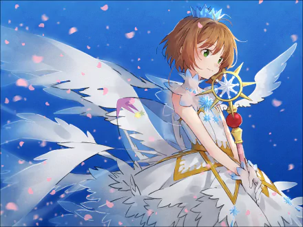 HD PC desktop wallpaper featuring Sakura Kinomoto from the anime Cardcaptor Sakura, depicted with angelic wings and her magical staff against a vibrant blue sky.