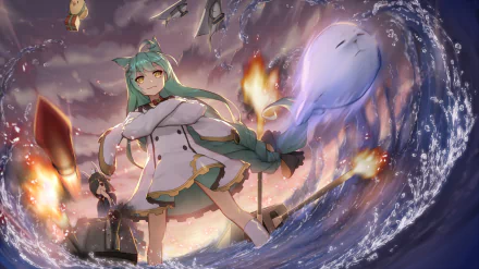 HD wallpaper featuring Shiranui and Akashi from Azur Lane in an action scene, with anime-style art, set against a dramatic background with waves and explosions.