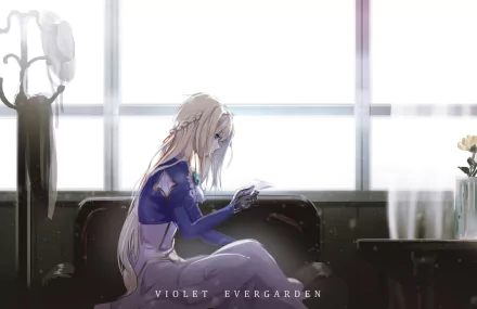HD PC desktop wallpaper featuring Violet Evergarden from the anime, sitting thoughtfully on a couch by a large window with soft natural light.
