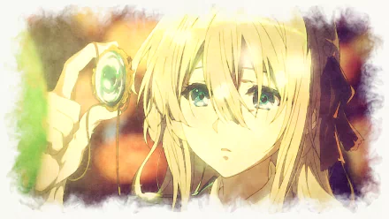 HD desktop wallpaper of the anime character Violet Evergarden from the series Violet Evergarden, featuring a close-up of her holding an object in a soft, colorful background.