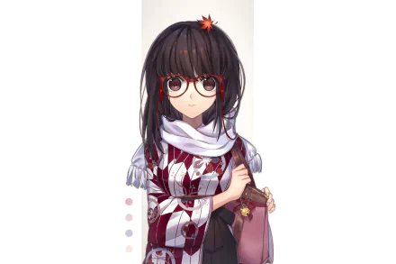 HD anime original artwork of a girl with dark hair, red glasses, a patterned kimono, and a white scarf, designed as a PC desktop wallpaper and background.