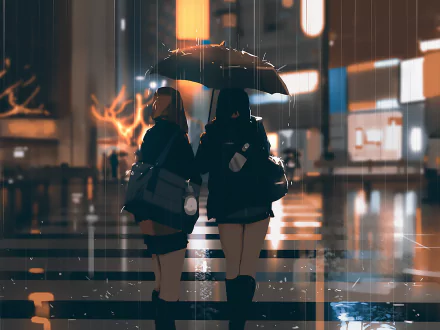 Two anime characters share an umbrella as they walk through a rainy cityscape. The image is original HD artwork, making it a visually appealing desktop wallpaper and background.