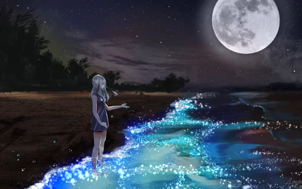 Anime-style HD desktop wallpaper depicting a girl standing on a glowing shore under a bright full moon on a clear night.