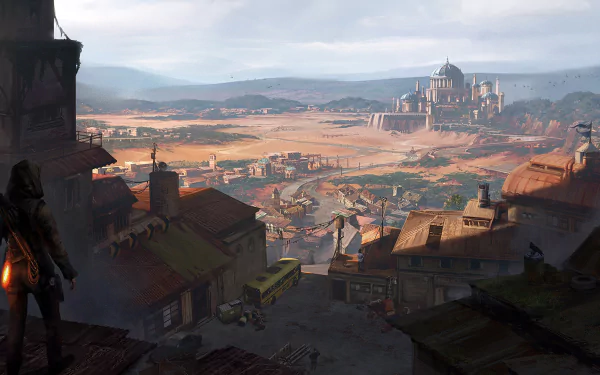 HD desktop wallpaper featuring a fantasy village landscape with a person holding a gun, a yellow bus, and a distant domed building on a hill against a backdrop of mountains and open plains.