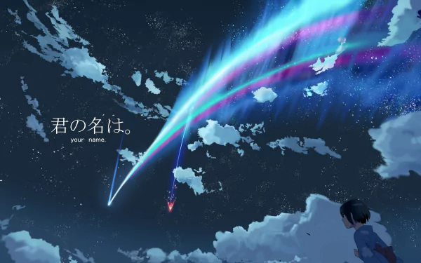 4K Ultra HD PC desktop wallpaper and background of Mitsuha Miyamizu from the anime Your Name., gazing at twin luminous comet streaks across a starry sky above clouds.