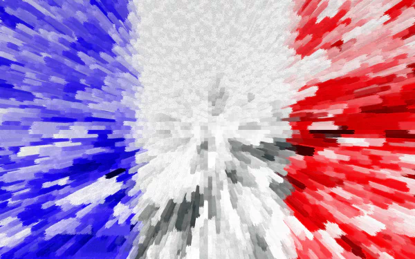 Abstract HD PC desktop wallpaper of the Flag of France: blue, white, and red vertical stripes rendered in a dynamic, pixelated burst effect as a colorful background.