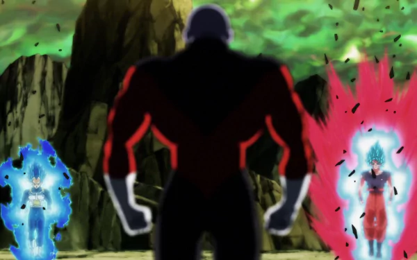 HD desktop wallpaper featuring Goku and Vegeta in Super Saiyan Blue form facing off against Jiren from Dragon Ball Super, set against a dramatic, rocky landscape.