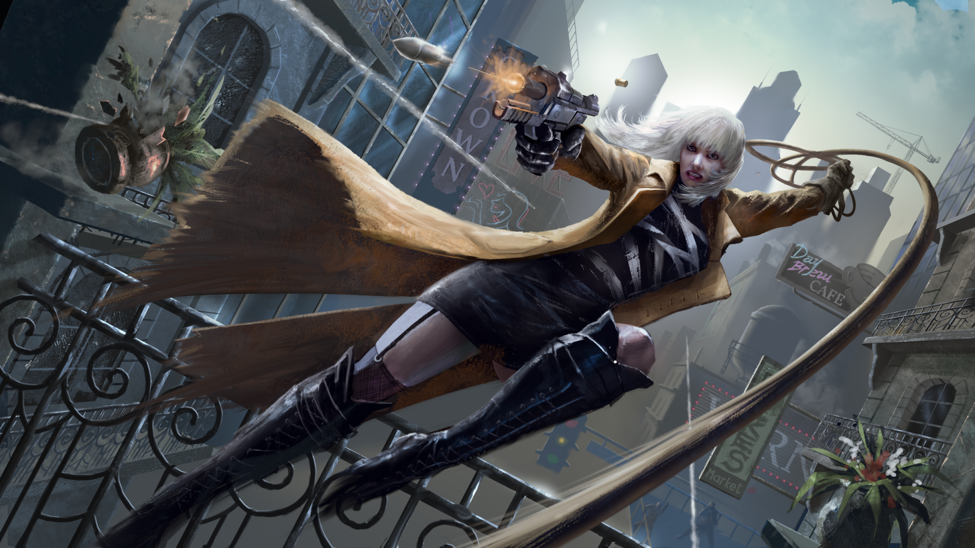 HD PC desktop wallpaper and background: white-haired woman warrior in a trench coat firing a handgun mid-air over a city railing — cinematic Atomic Blonde movie scene.
