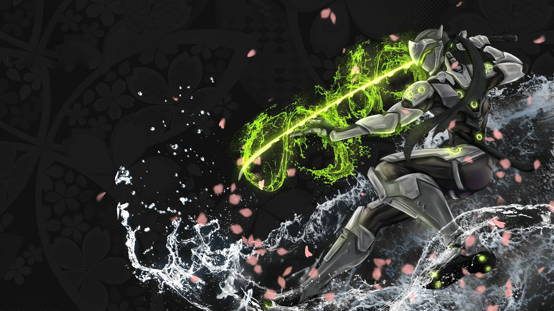 HD PC desktop wallpaper featuring Genji from Overwatch, showcasing dynamic energy effects and cherry blossom petals in a vibrant video game-themed design.