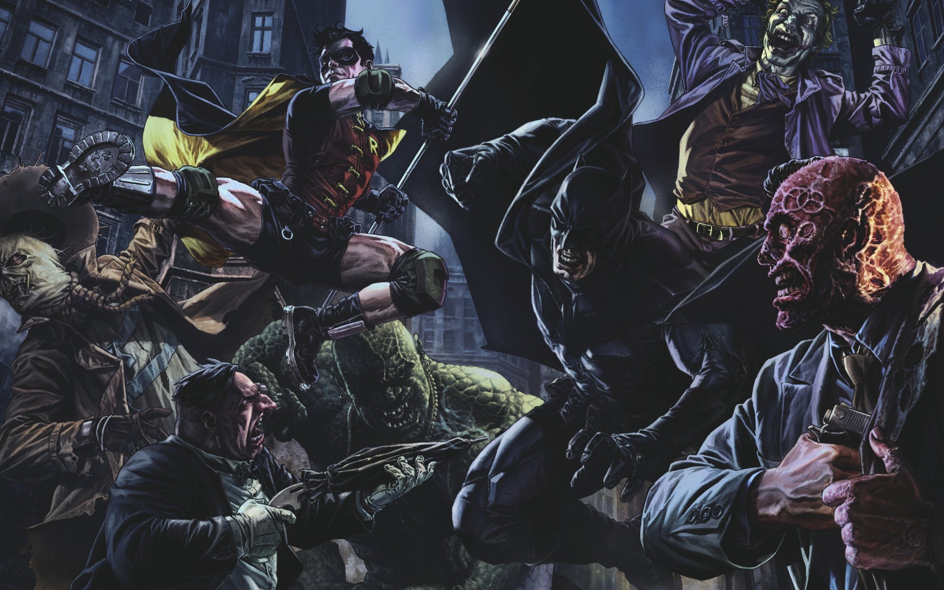 HD DC Comics desktop wallpaper featuring Batman, Robin, and villains Killer Croc, Penguin, Scarecrow, Joker, and Two-Face in a dark Gotham City scene.