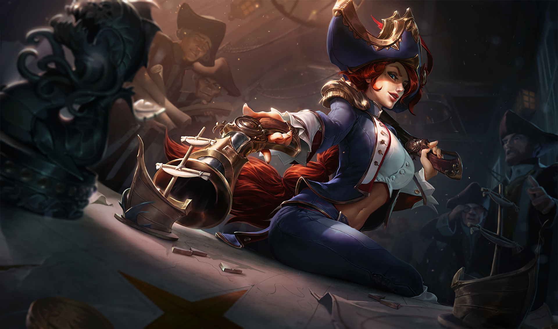 HD PC desktop wallpaper featuring Miss Fortune from the video game League of Legends in a dynamic pose with a pirate-themed outfit and dual pistols.