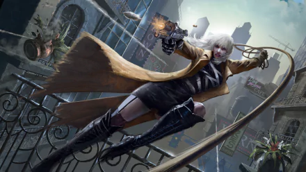 HD PC desktop wallpaper and background: white-haired woman warrior in a trench coat firing a handgun mid-air over a city railing — cinematic Atomic Blonde movie scene.