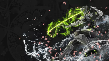 HD PC desktop wallpaper featuring Genji from Overwatch, showcasing dynamic energy effects and cherry blossom petals in a vibrant video game-themed design.