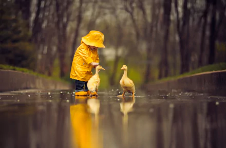 A cute little boy in a yellow raincoat interacts with two geese, their reflections visible on the wet ground in a serene outdoor setting.