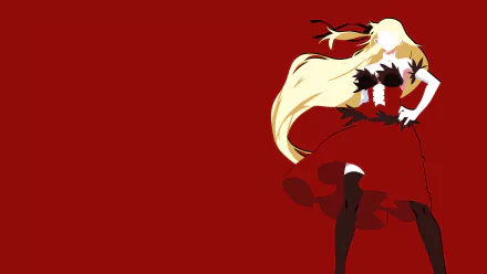 Minimalist anime wallpaper featuring Kiss-shot Acerola-orion Heart-under-blade (Shinobu Oshino) in a striking red dress, with long blonde hair and thigh-highs against a bold red background.