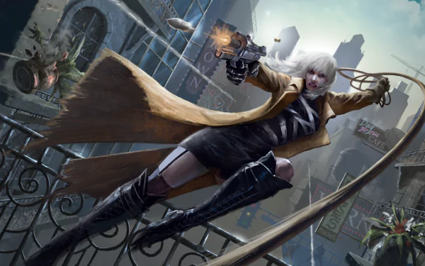 HD PC desktop wallpaper and background: white-haired woman warrior in a trench coat firing a handgun mid-air over a city railing — cinematic Atomic Blonde movie scene.
