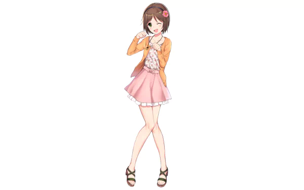 Full-body anime illustration of Miku Maekawa from The iDOLM@STER Cinderella Girls in a pink skirt and orange cardigan, HD PC desktop wallpaper.