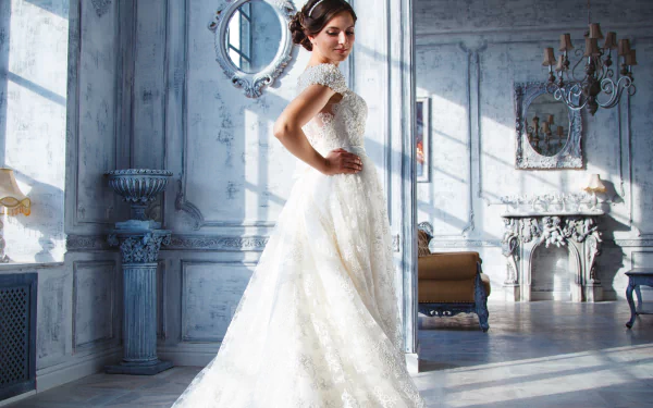 Brunette bride in a white wedding dress posed in a sunlit, ornate room — 2K Quad HD PC desktop wallpaper/background.