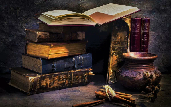 A still life HD desktop wallpaper featuring stacked antique books, an open book, a rustic vase, a bowl, and tied cinnamon sticks arranged artistically.