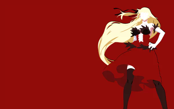 Minimalist anime wallpaper featuring Kiss-shot Acerola-orion Heart-under-blade (Shinobu Oshino) in a striking red dress, with long blonde hair and thigh-highs against a bold red background.