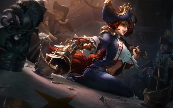 HD PC desktop wallpaper featuring Miss Fortune from the video game League of Legends in a dynamic pose with a pirate-themed outfit and dual pistols.