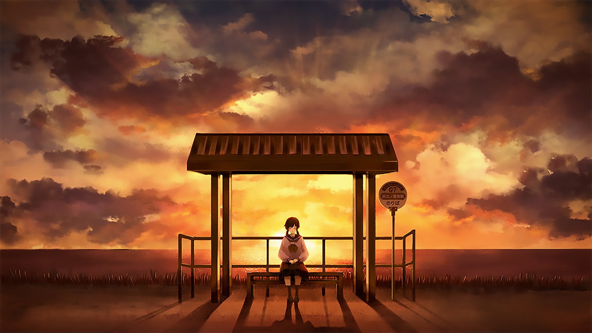 Anime-style HD desktop wallpaper of a lone figure in uniform sitting at a bus stop during a vibrant sunset sky, blending warm colors and detailed clouds.