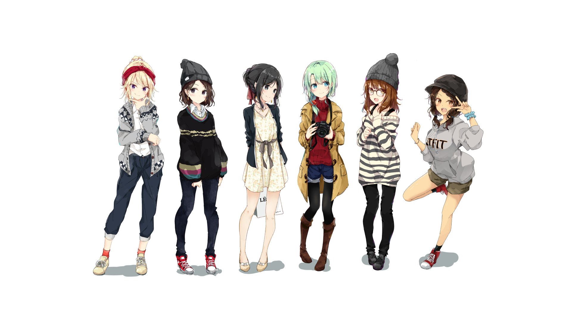 Anime Original HD PC Desktop Wallpaper and Background: six original anime girls in varied casual outfits and poses lined up against a white background.