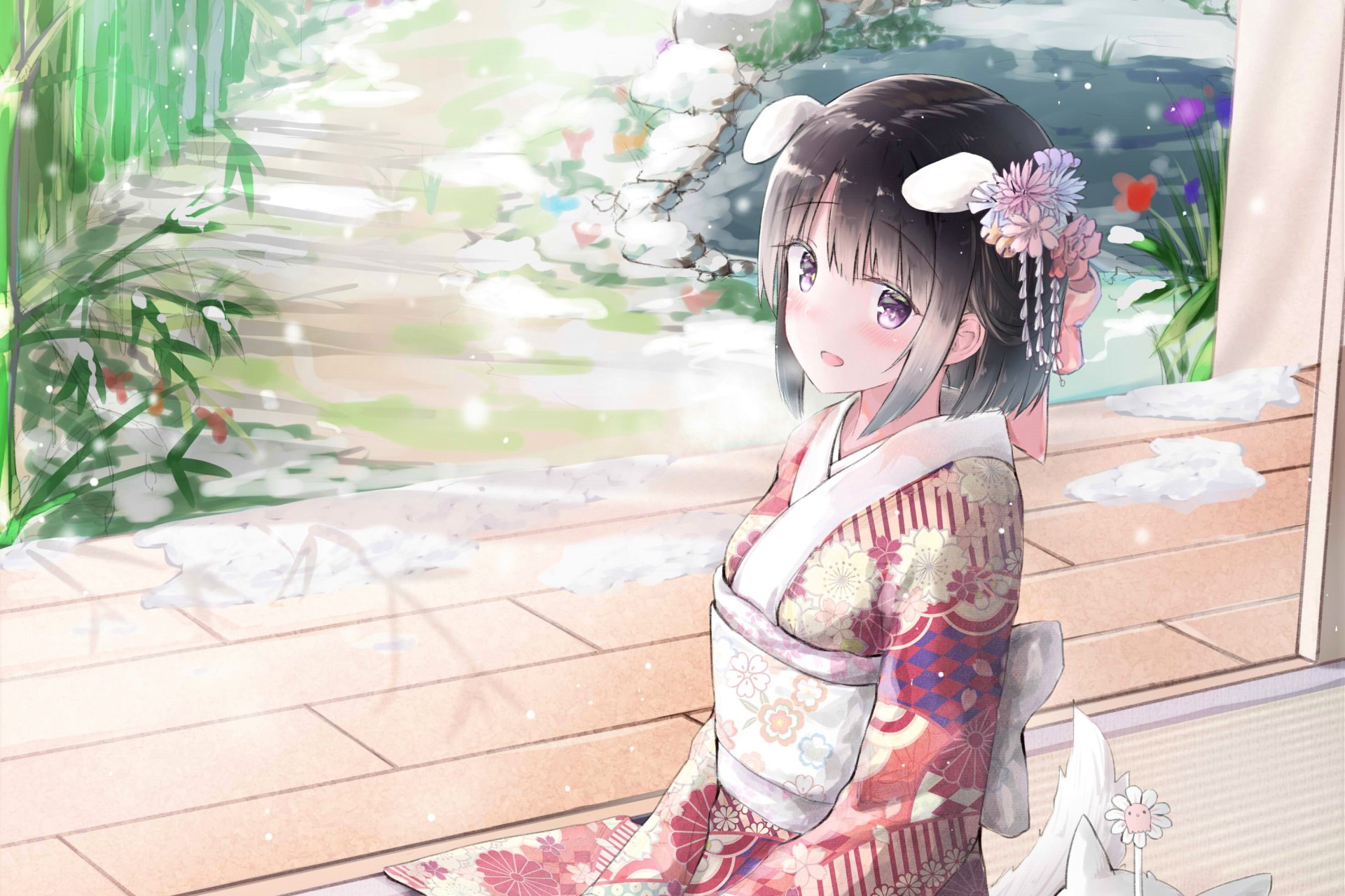 HD anime original artwork featuring a girl in a traditional kimono sitting by a sunlit veranda with a serene garden background, designed as a PC desktop wallpaper.