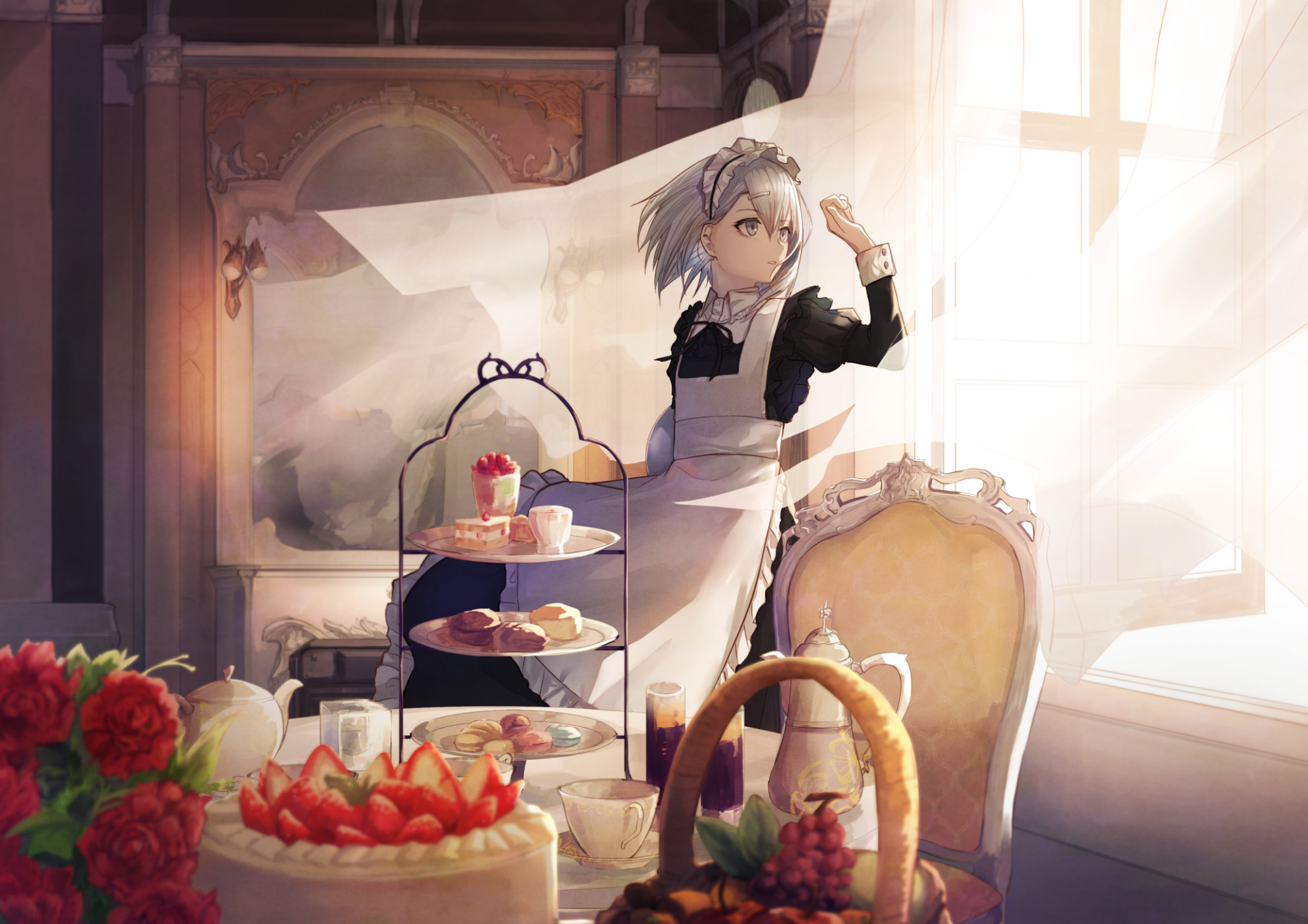 Anime-style HD desktop wallpaper featuring an original character dressed as a maid, serving sweets and cake in a sunlit elegant room.