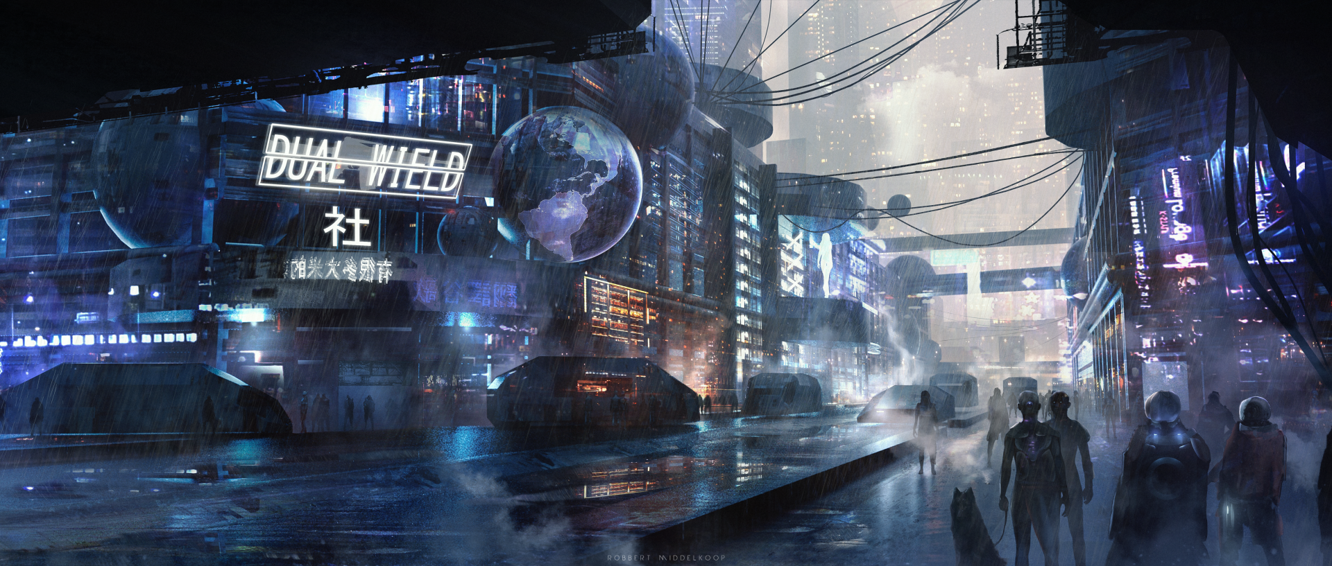 A futuristic sci-fi cityscape in rain with towering buildings, glowing signs, advanced vehicles, and silhouettes of people, creating a vibrant, high-tech urban atmosphere.