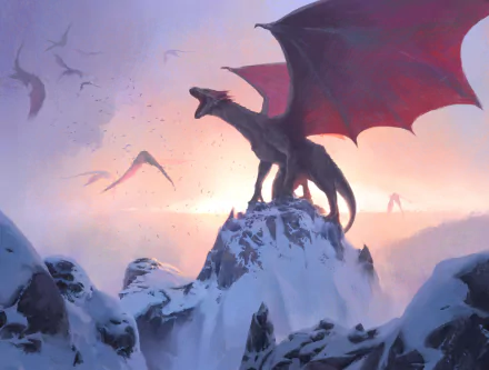 Fantasy dragon in an HD desktop wallpaper. The image features a majestic dragon standing on a snowy peak with its wings spread, bathed in the warm glow of the setting sun.