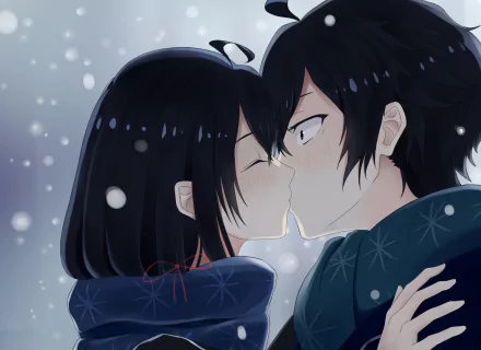 HD desktop wallpaper featuring Hachiman Hikigaya and Yukino Yukinoshita from the anime My Teen Romantic Comedy SNAFU, sharing a tender moment in a snowy setting.