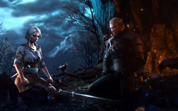 HD desktop wallpaper featuring Ciri and Geralt of Rivia from The Witcher 3: Wild Hunt. They are shown under a dramatic night sky, surrounded by a mystical forest, from the expansions Heart of Stone and Blood and Wine.