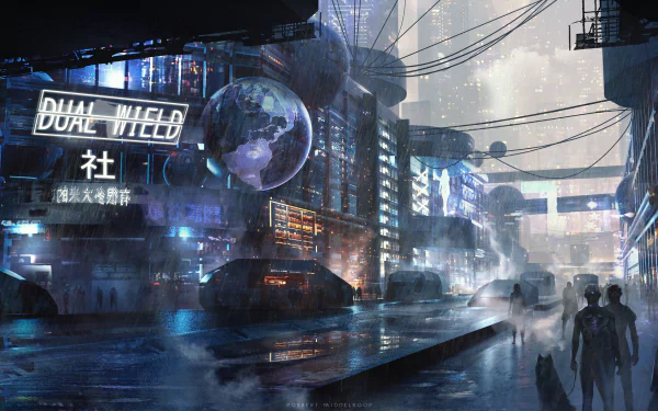 A futuristic sci-fi cityscape in rain with towering buildings, glowing signs, advanced vehicles, and silhouettes of people, creating a vibrant, high-tech urban atmosphere.