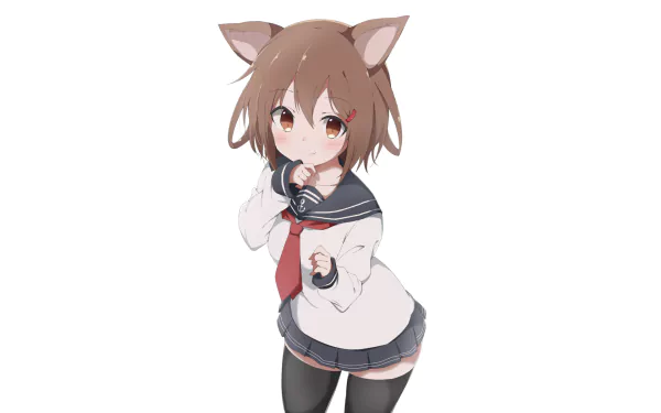 HD wallpaper featuring Ikazuchi from Kancolle, a character from the anime Kantai Collection, depicted in a playful pose with cat ears and a school outfit.