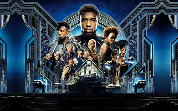 HD desktop wallpaper featuring characters from the movie Black Panther set against a futuristic backdrop.