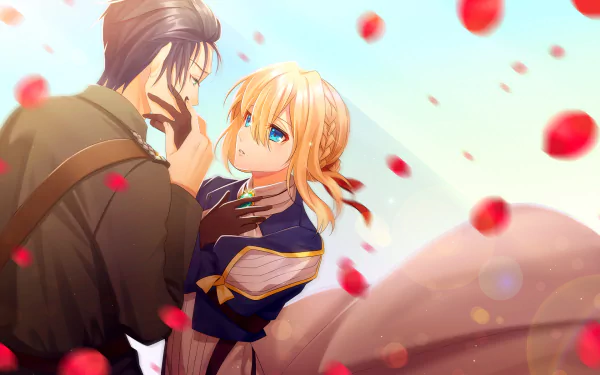 A vibrant HD wallpaper featuring Violet Evergarden with captivating blue eyes, sharing an intimate moment with Gilbert Bougainvillea amidst falling petals.