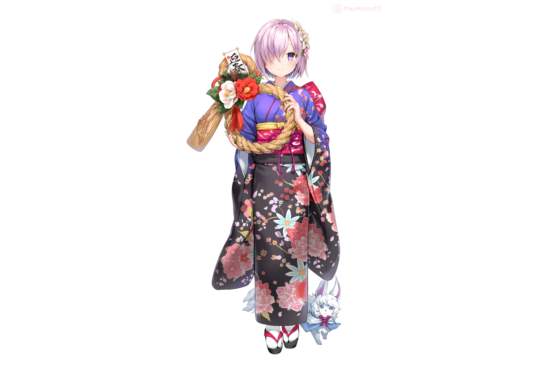 HD PC desktop wallpaper featuring Mashu Kyrielight from the anime Fate/Grand Order, dressed in an elegant floral kimono holding a bouquet and accompanied by a small mascot.