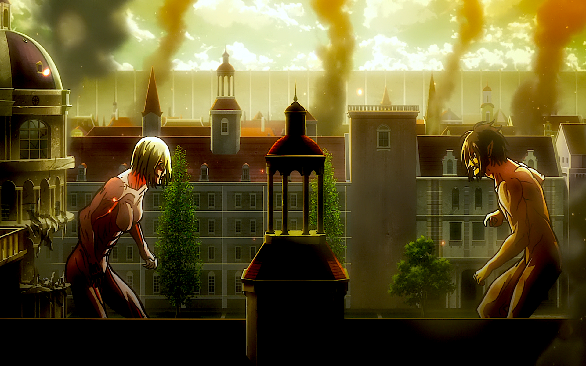 HD desktop wallpaper featuring a dramatic standoff between Annie Leonhart as the Female Titan and Eren Yeager from Attack on Titan, set against a smoky urban backdrop at sunset.
