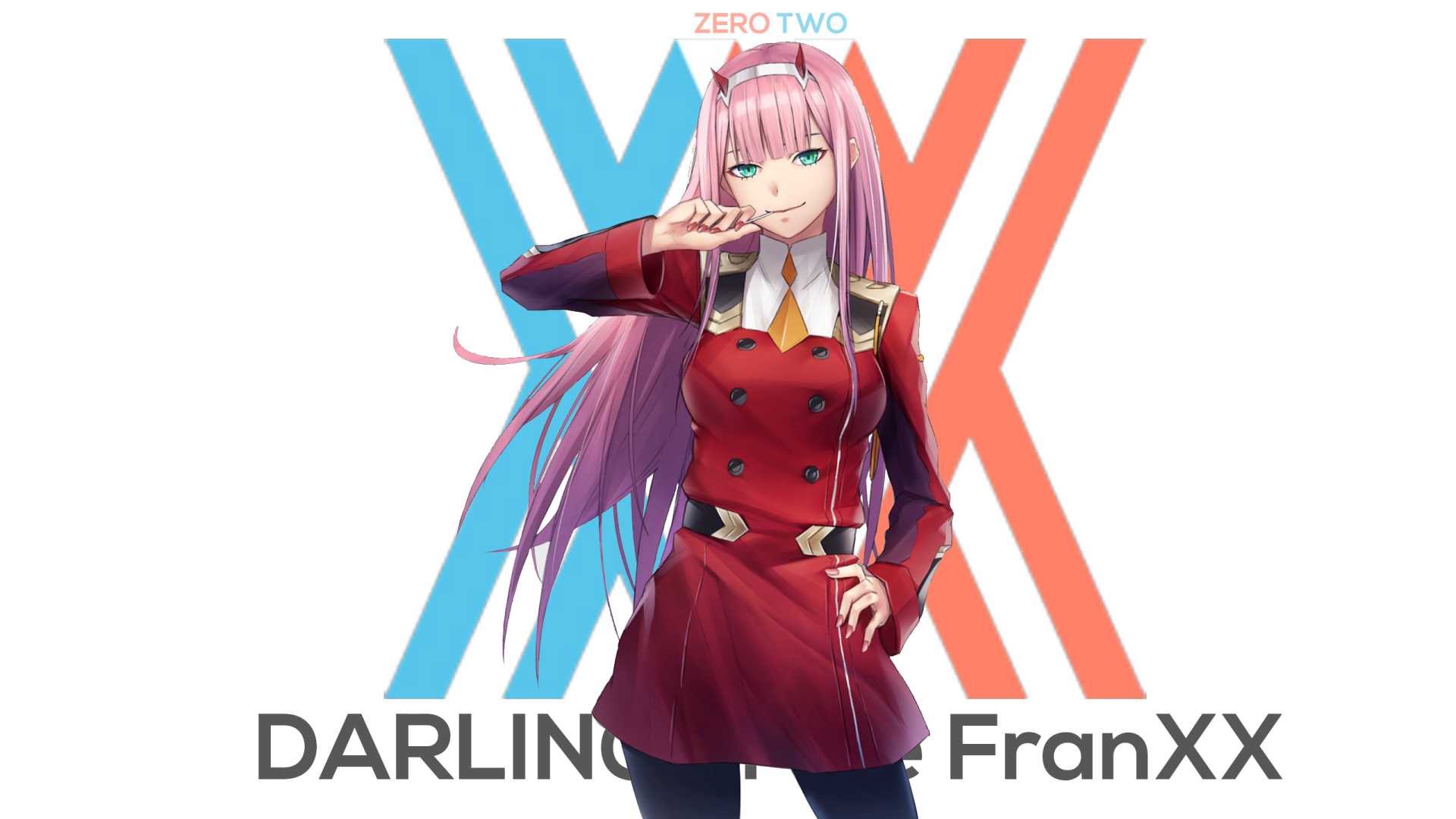 HD desktop wallpaper featuring Zero Two from the anime Darling in the FranXX, standing confidently with a playful expression against a backdrop with the anime's logo.