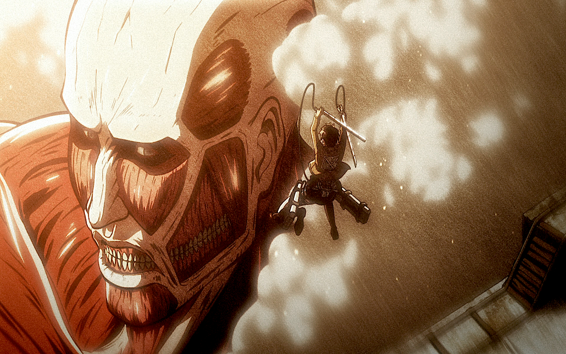 HD wallpaper featuring Eren Yeager engaging the Colossal Titan, depicted with its distinctive muscular form. Characters: Bertolt Hoover, Attack on Titan, Anime.