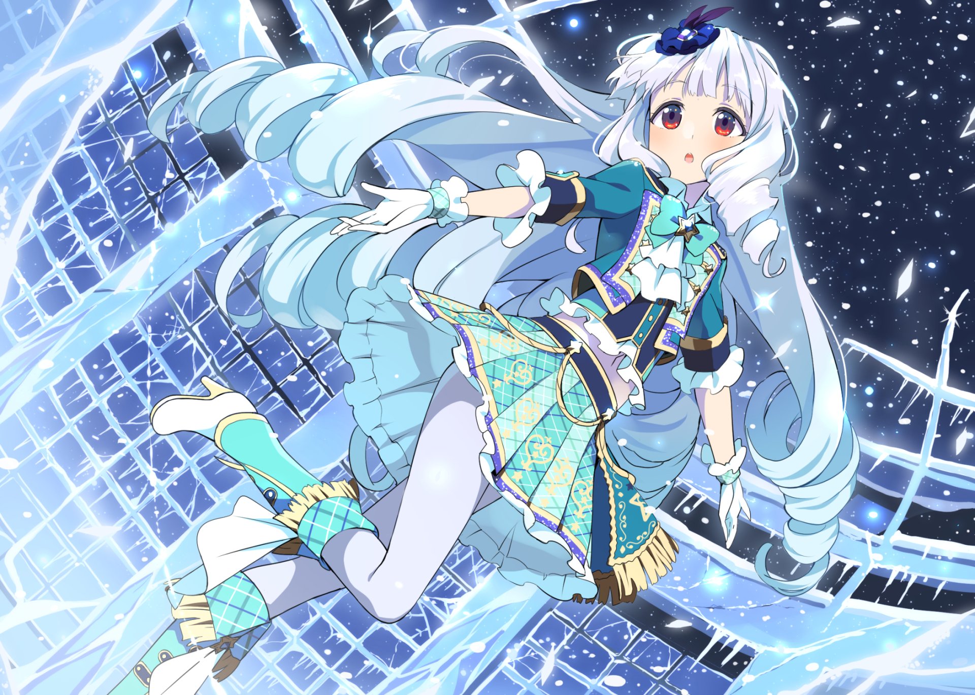 HD anime desktop wallpaper featuring Lilie Shirogane from Aikatsu!, showcasing her in a dynamic pose with shimmering blue and white tones and a starry background.