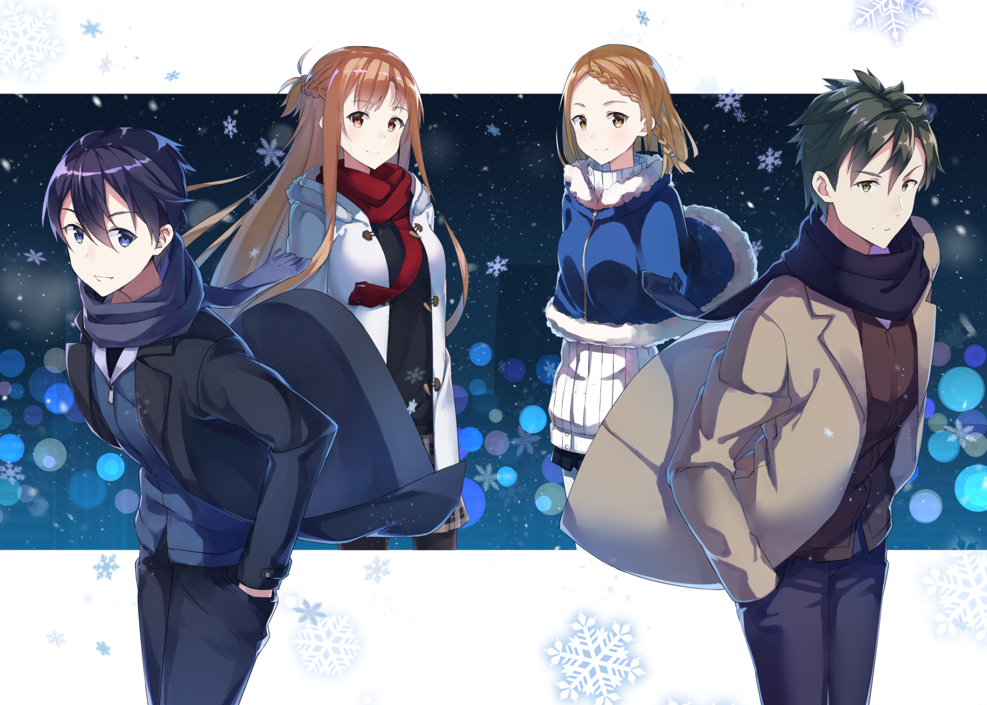 HD desktop wallpaper featuring Kazuto Kirigaya (Kirito), Asuna Yuuki, Yuna, and Eiji from the anime Sword Art Online Movie: Ordinal Scale in a snowy winter setting.