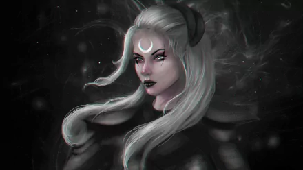 Diana from League of Legends with flowing white hair and a crescent moon mark, set against a dark, mystical fantasy background in HD.