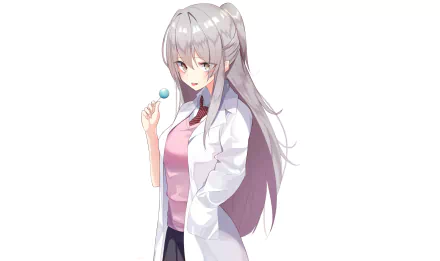 Anime-style original character with long silver hair, wearing a white coat and pink top, holding a blue lollipop; HD PC desktop wallpaper and background.