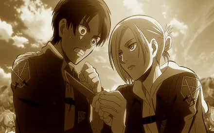 Sepia-toned HD desktop wallpaper featuring Eren Yeager and Annie Leonhart from the anime Attack on Titan in an intense moment.