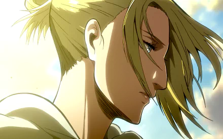 HD desktop wallpaper of Annie Leonhart from the anime Attack on Titan, featuring a close-up of her face with a determined expression against a colorful sky background.