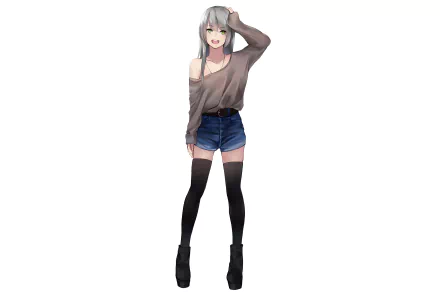 HD desktop wallpaper featuring UMP40 from the video game Girls' Frontline, standing confidently in casual clothes, including a loose top, shorts, and thigh-high stockings.
