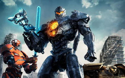 HD desktop wallpaper featuring robots from the movie Pacific Rim: Uprising, showcasing giant mechanized warriors in a post-apocalyptic landscape.