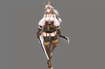 Anime original character with silver hair and fox ears, dressed in detailed fantasy attire, holding twin blades. Rendered in 4K Ultra HD for PC desktop wallpaper.